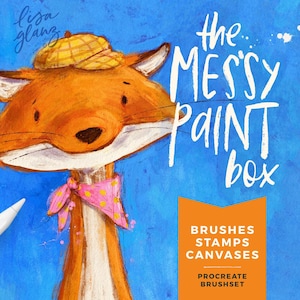 Puede incluir: Ilustración de un zorro naranja con un sombrero a cuadros amarillo y una bufanda rosa con lunares. El texto "the MESSY PAINT box" está escrito en blanco. La imagen también incluye el texto "BRUSHES STAMPS CANVASES" y "PROCREATE BRUSHSET".