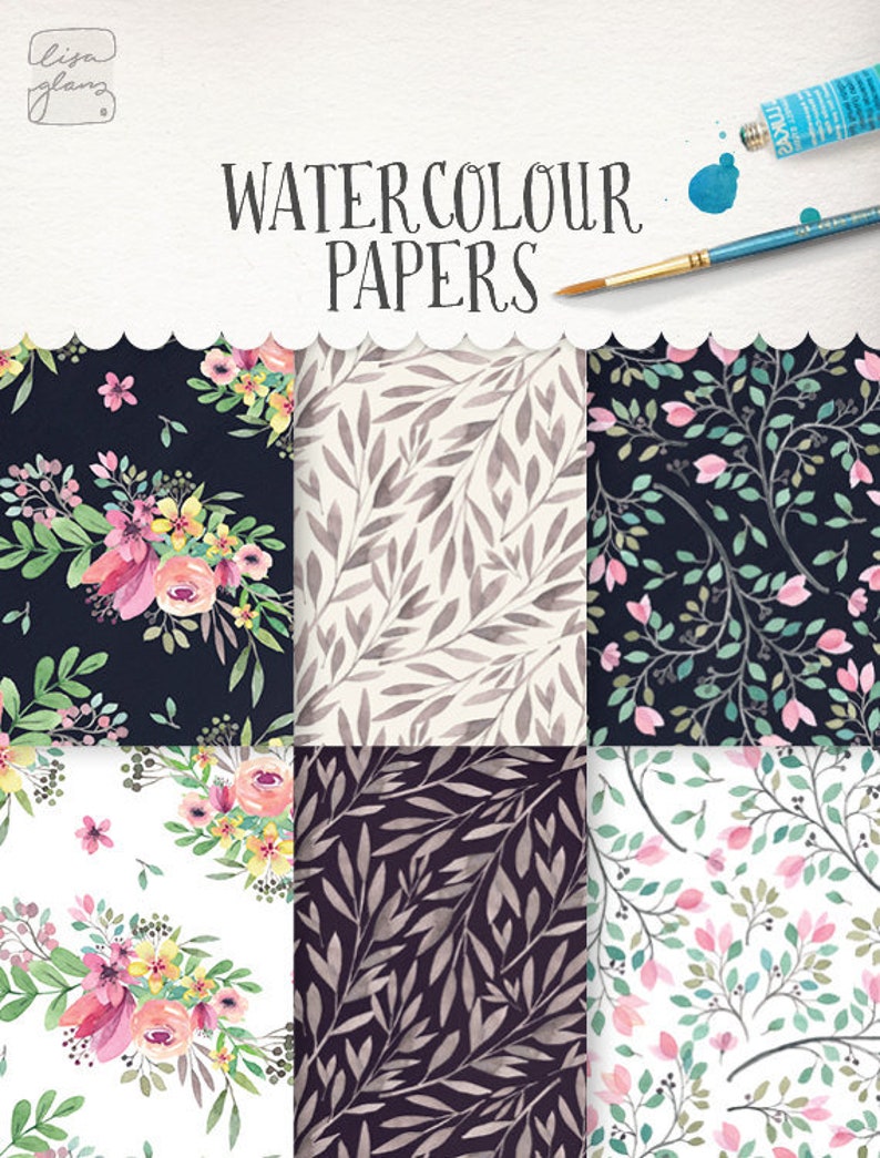 Papel floral de acuarela para álbum de recortes: diseños de hojas (descarga digital) imagen 1