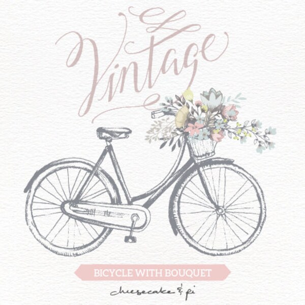 Vintage Bicycle Floral Bouquet Clipart: Rustic Wedding Graphics (EPS & PNG)