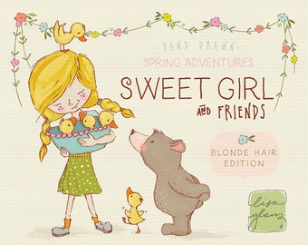 Spring clipart girl, bear and duckling clip art, blonde hair, instant download little girl clipart with PNG files for commercial use