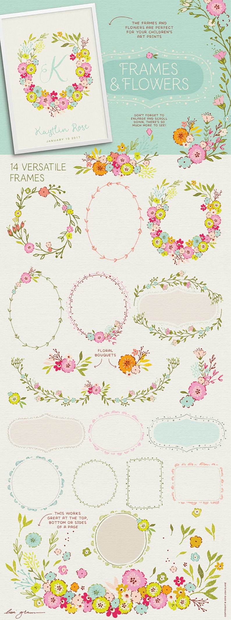 Spring Animal clipart set, bear clip art, cute mouse, girl nursery wall art, baby announcements, spring floral wreath clipart, nursery decor image 4