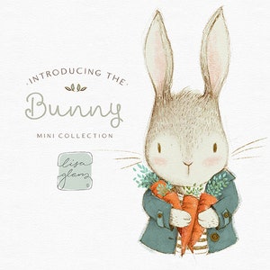 Vintage bunny illustration graphic with coat: cute painted rabbit / invitation clip art animals / commercial use / baby animals green orange image 1