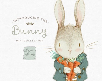 Vintage bunny illustration graphic with coat: cute painted rabbit / invitation clip art animals / commercial use / baby animals green orange