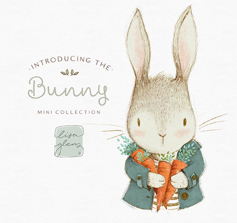 Vintage bunny illustration graphic with coat: cute painted rabbit / invitation clip art animals / commercial use / baby animals green orange image 1
