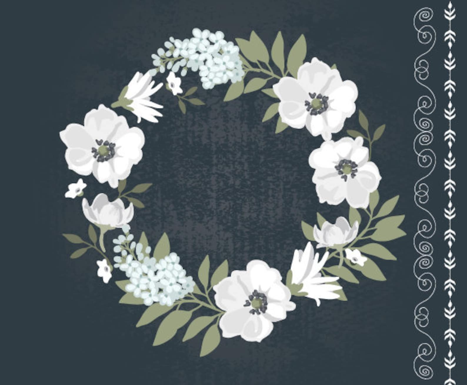 Vintage Black and White Floral Wreath Clipart / Wedding Etsy