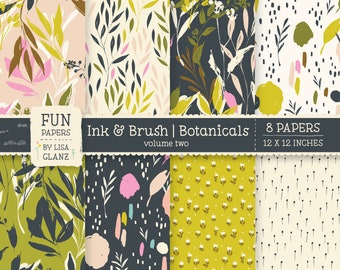 Encre et brosse botaniques papier imprimable, papiers de téléchargement numérique en fond de fleur de 12x12 pouces, papiers floraux, planificateur vert olive gras