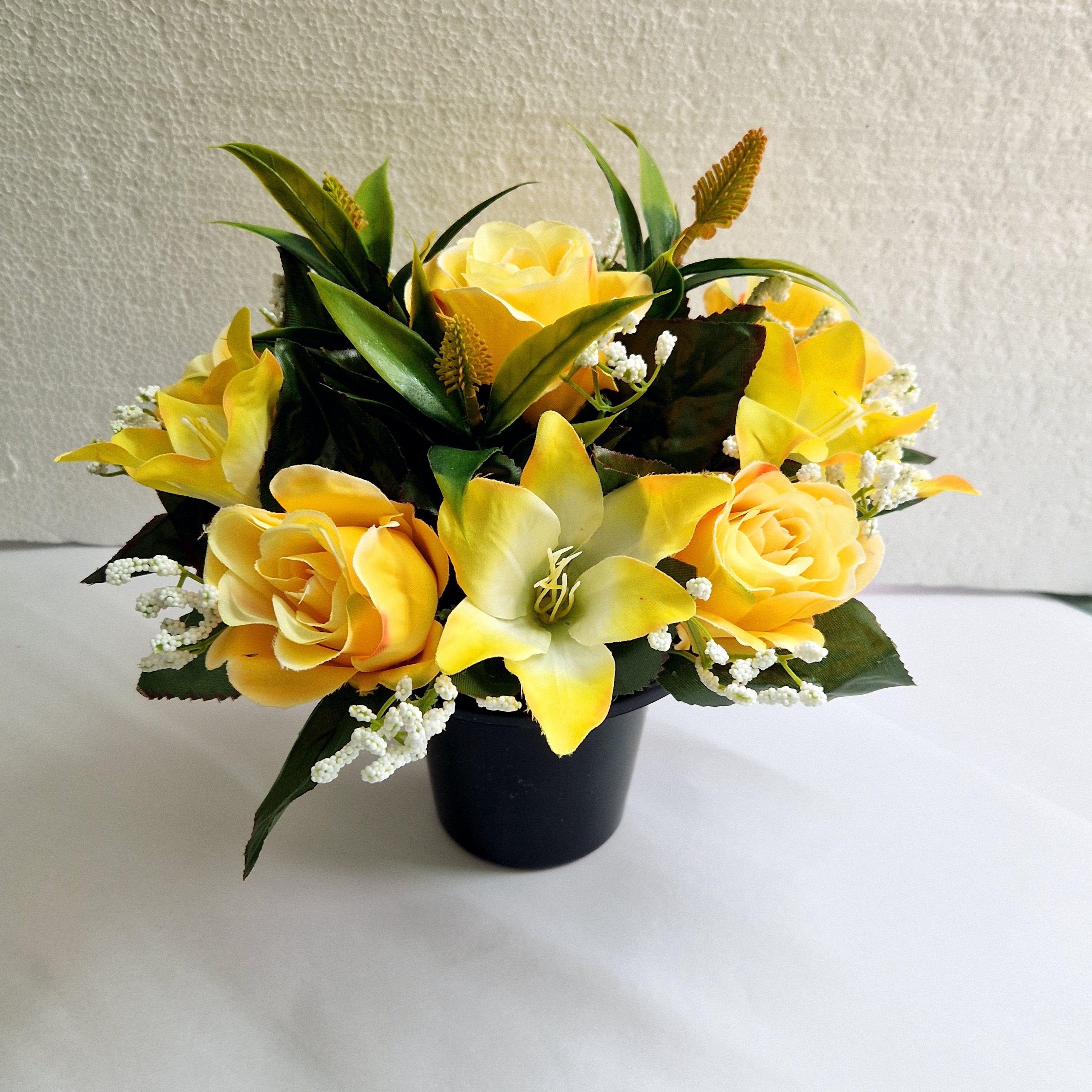 Grave Pot Flower Arrangement Artificial Silk Terracotta All Round Memorial Lily | UK
