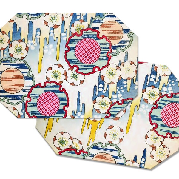 Abstract flower Placemats Vintage Japanese Woodblock Print Tactile Basket Texture Hemmed Edges Waterproof Wipe clean Non Slip