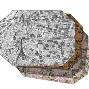 Paris Karte Tischset Vintage Map Print für runde Tische taktile Korb Textur gedrehte Saumkante, wasserdicht robust, flexibel.