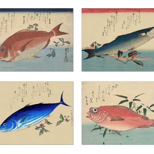 Utagawa Hirosige Fisch-Tischsets, taktile Korbstruktur, gesäumte Kanten, wasserdicht, abwischbar, rutschfest