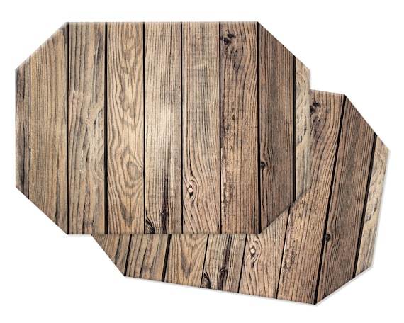 Faux Rustic Barn Wood Placemats for Round Table Tactile Basket Texture  Turned Hem Edges , Waterproof Non Slip Wipe Clean 