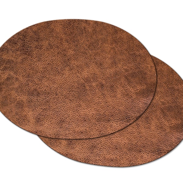 Faux Brown Leather Round Oval Placemats For Round Tables Burlap textured Hemmed Edge , Waterproof Sturdy, Flexible.