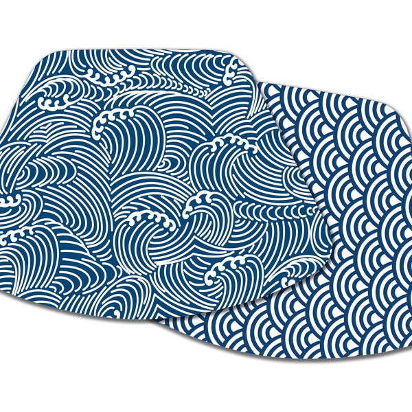 Japandi Wave Tischsets Blue Wave Tactile Korb Textur gedreht Saumkante, wasserdicht, robust, flexibel.