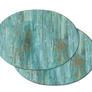 Teal Wood Oval Round placemats For Round Table Tactile Basket Texture Turned Hem Edges , Waterproof Non Slip Wipe Clean