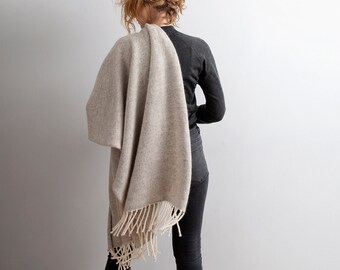 Large Blanket Scarf, Natural Undyed Beige Wool and Mohair with Off White Fringes, Thick & Cozy Wrap,  Made in Latvia by Agnese Kirmuza!