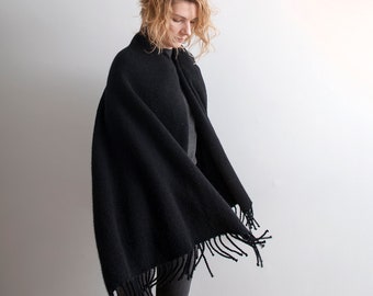 Large Black Blanket Scarf, Wool & Mohair, for Men and Women, Thick and Warm, Made in Latvia by Agnese Kirmuza!