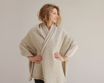 Large oversized blanket scarf, Light brown natural undyed wool and mohair, Thick & warm gift, made in Latvia by Agnese Kirmuza