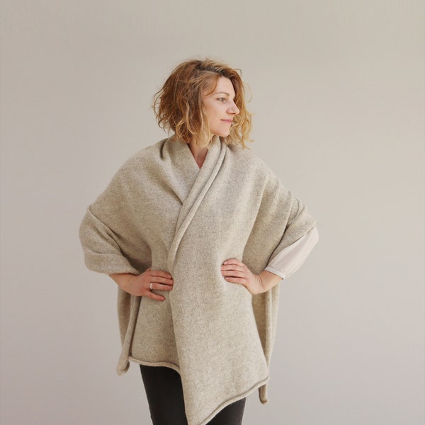 Large oversized blanket scarf, Light beige natural undyed wool, and mohair, Thick & warm gift, made in Latvia by Agnese Kirmuza.