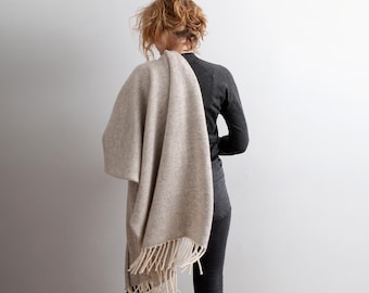 Beige Melange Wool Blanket Scarf with Fringe, Personalized Shawl.