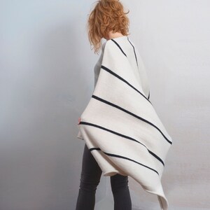 Oversized blanket scarf of wool & mohair, Off white with black melange stripes, Thick and cozy gift, knitted in Latvia by Agnese Kirmuza.