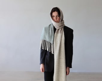 Handmade Hooded Scarf of Wool Mohair Silk - Oversized Sage & Beige Wrap