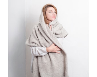 Handmade Wool Mohair Silk Blanket Scarf: Oversized Warm Wrap in Light Beige.