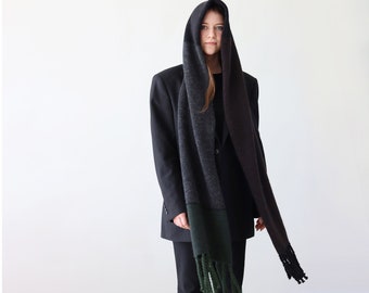 Handmade Wool Mohair Silk Hooded Scarf - Unisex Long Scarf with Fringes.