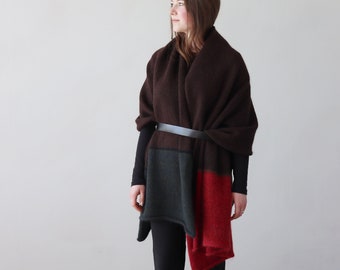 NEW Wool & mohair blanket scarf in dark brown, dark green, and dark berry color, Large knitted shawl, Handmade by Agnese Kirmuza in Latvia.