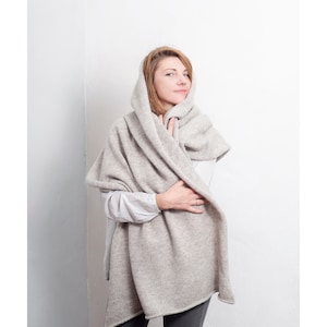 Handmade Wool Mohair Silk Blanket Scarf: Oversized Warm Wrap in Light Beige. image 1