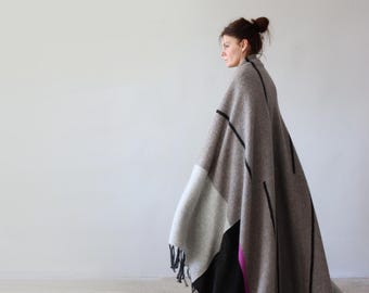 One of a Kind Wool Mohair Throw, Large Handmade Color Block Blanket, Boho Fringe Throw.