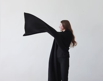 Large Black Wool Mohair Scarf: Handmade Unisex Blanket Shawl.