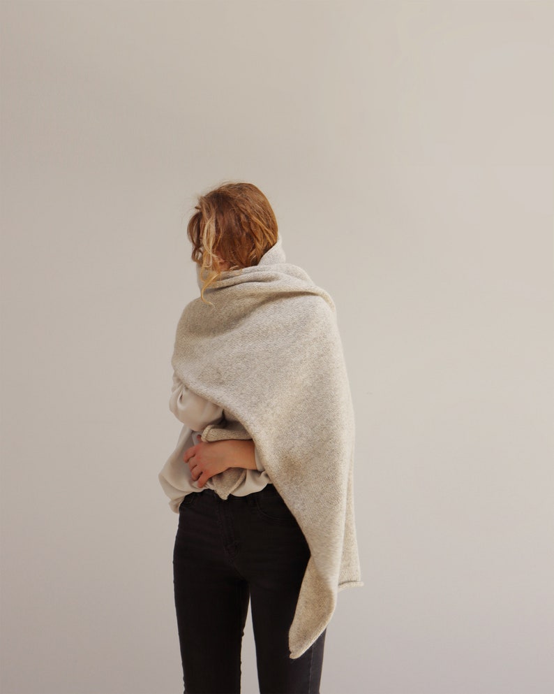 Large oversized blanket scarf, Light beige natural undyed wool, and mohair, Thick & warm gift, made in Latvia by Agnese Kirmuza. image 4