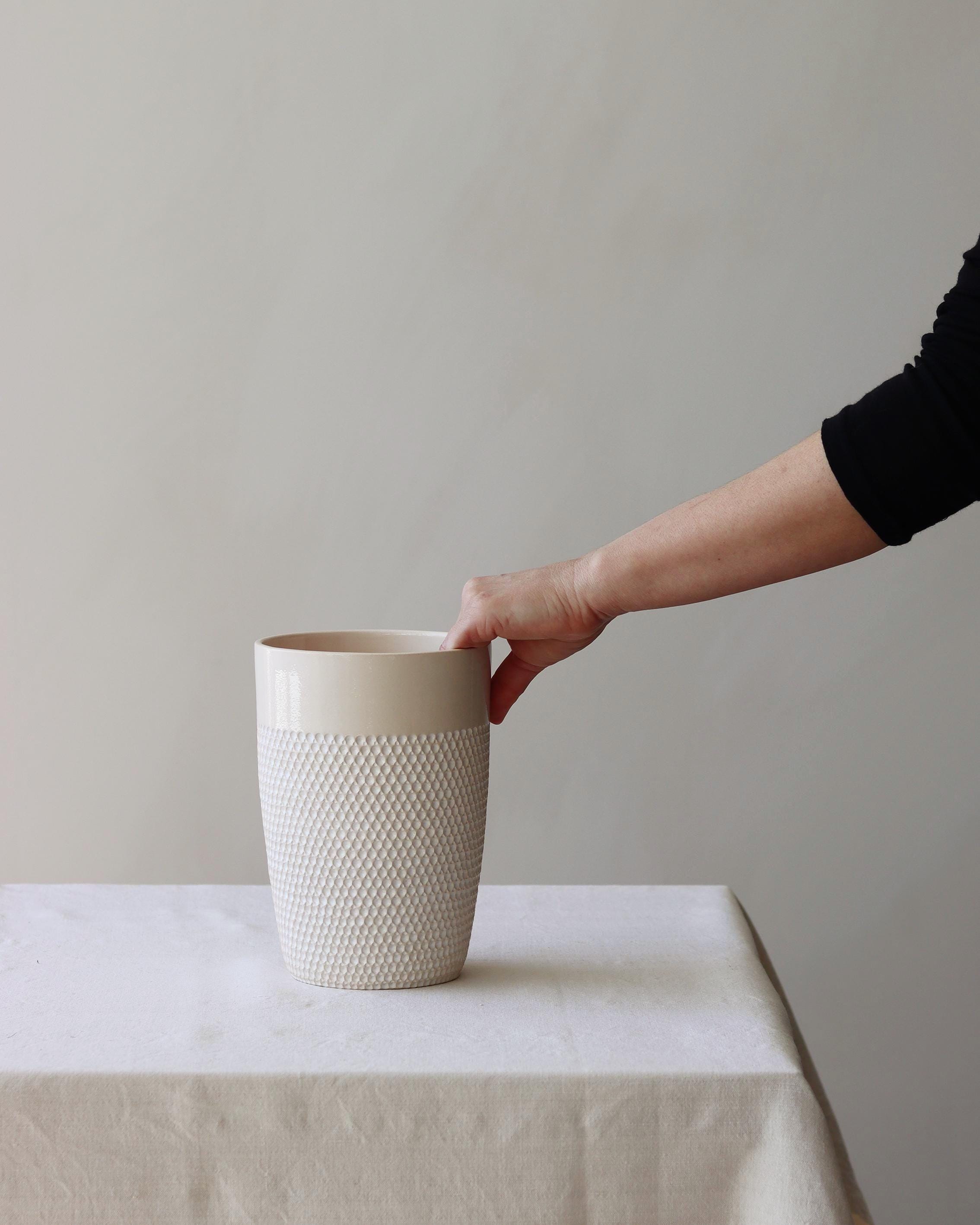 Cream & White Ceramic Vase – Handmade Textured Pottery with Pit Pattern – Minimalist Home Decor by Dace Virsniece, Latvia.