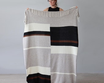 Handmade Wool-Mohair Blanket: Oversized Black and White Throw. Thick and Cozy.