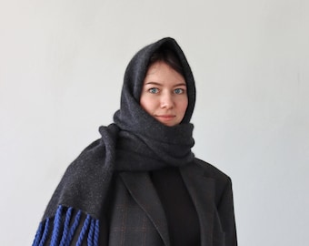 Handmade Wool Mohair Silk Hooded Scarf - Dark Grey Headpiece with Blue Fringe.