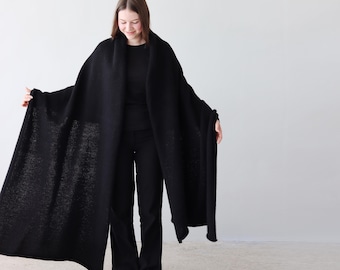 Large Black Wool Mohair Shawl - Oversized Blanket Scarf - Handmade in Latvia by Agnese Kirmuza.