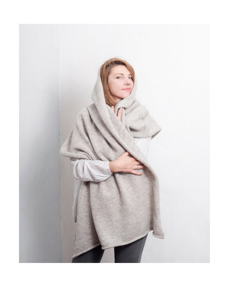 Handmade Wool Mohair Silk Blanket Scarf: Oversized Warm Wrap in Light Beige. image 1