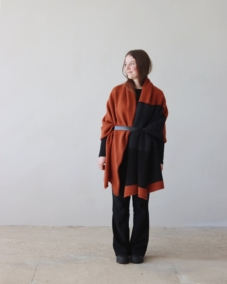 NEW Warm and cozy wool & mohair blanket scarf, Large wrap in burnt orange, dark gray, and brown color, Handmade in Latvia by Agnese Kirmuza. image 6