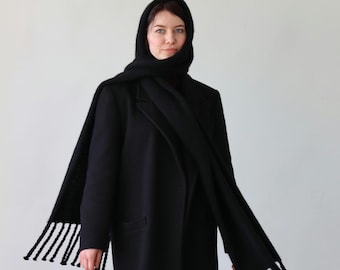 Wool Mohair Silk Hooded Scarf -  Handmade Black Winter Shawl with Fringes.