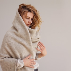 Large oversized blanket scarf, Light beige natural undyed wool, and mohair, Thick & warm gift, made in Latvia by Agnese Kirmuza. image 5