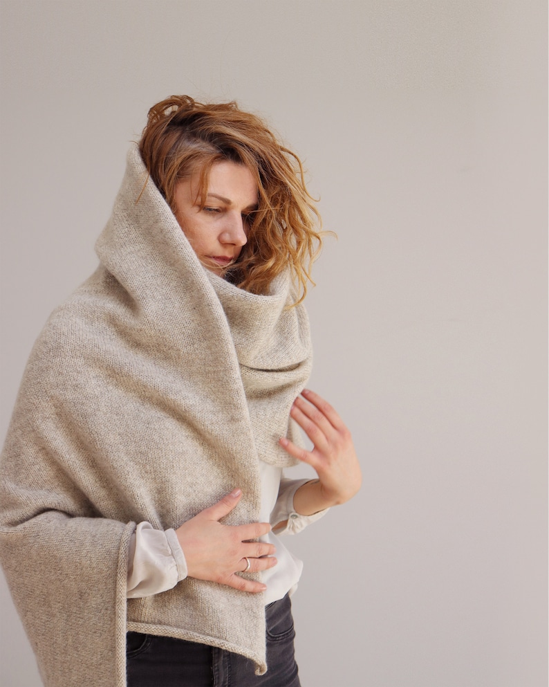 Large oversized blanket scarf, Light beige natural undyed wool, and mohair, Thick & warm gift, made in Latvia by Agnese Kirmuza. image 5