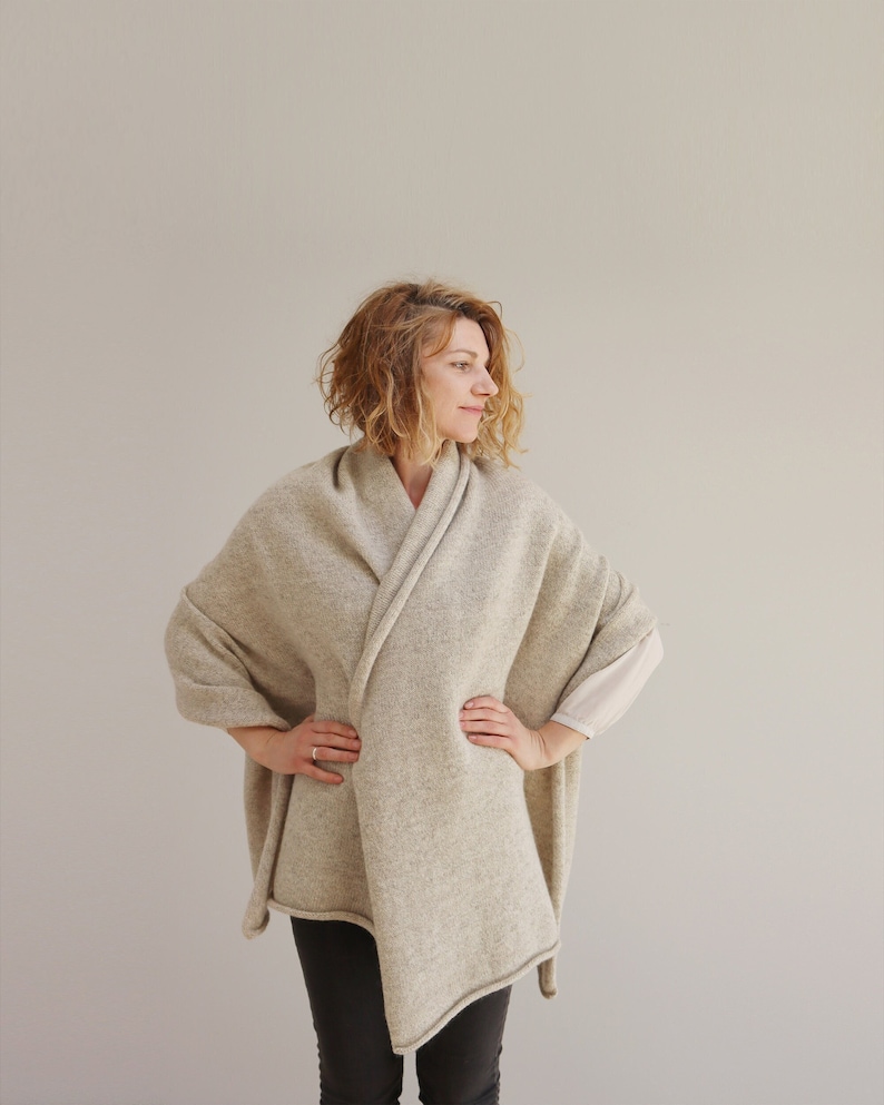 Large oversized blanket scarf, Light beige natural undyed wool, and mohair, Thick & warm gift, made in Latvia by Agnese Kirmuza. image 1