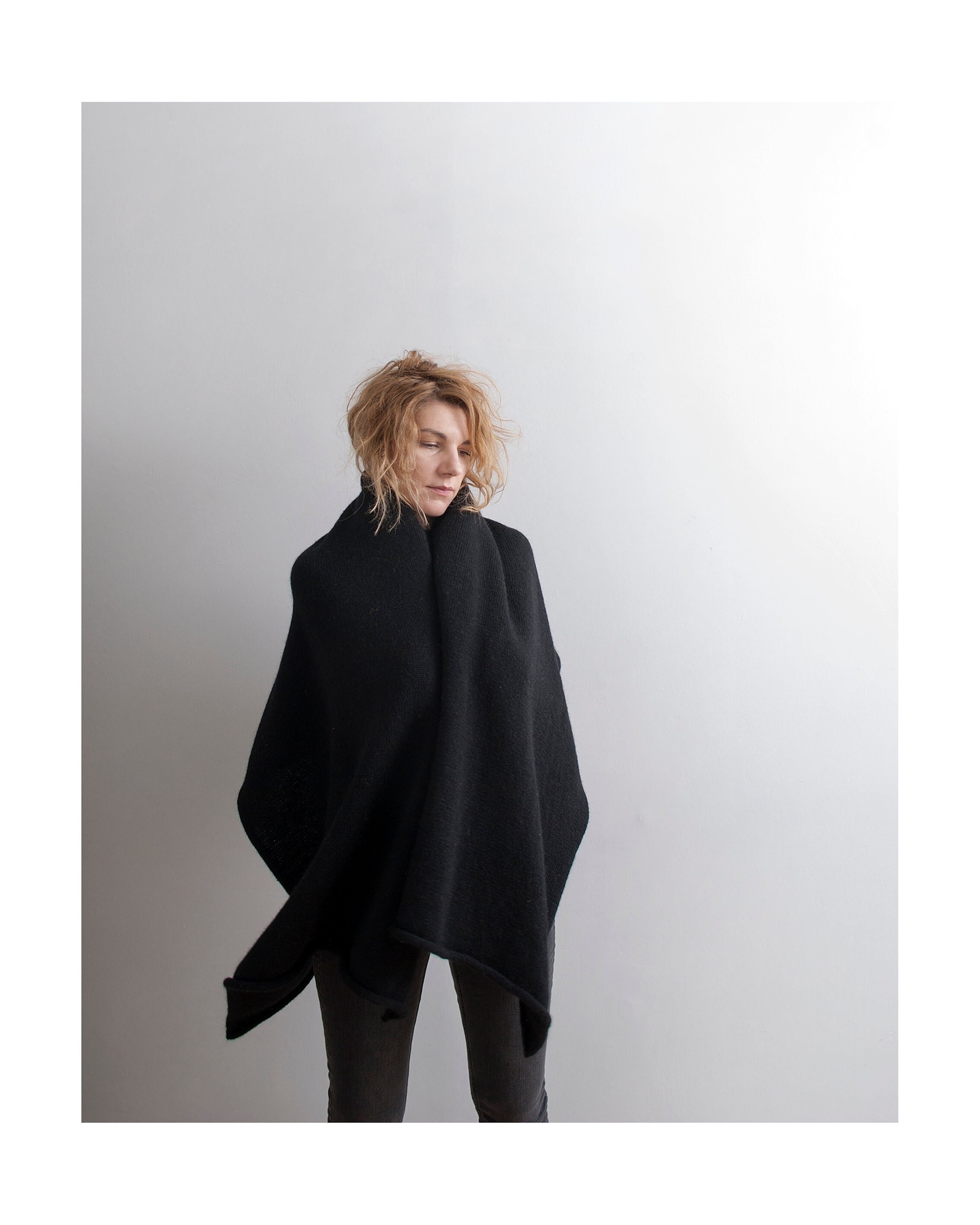 Handmade Black Wool Mohair Scarf: Warm Unisex Shawl, Knitted in