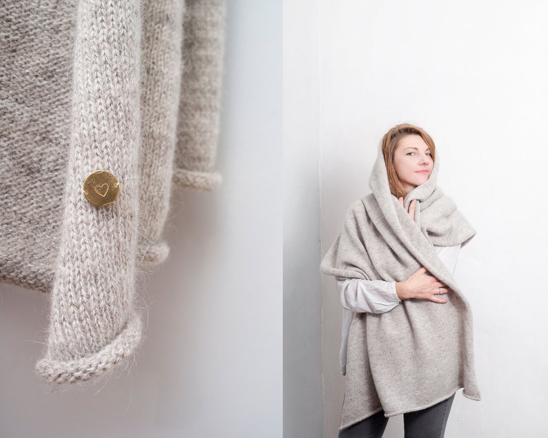 Handmade Wool Mohair Silk Blanket Scarf: Oversized Warm Wrap in Light Beige. image 2