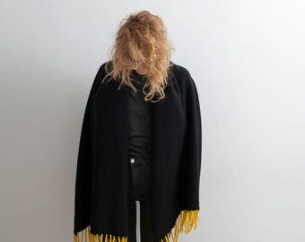 Handmade Wool Mohair Silk Blanket Scarf - Black and Yellow Shawl - Thick and Cozy.