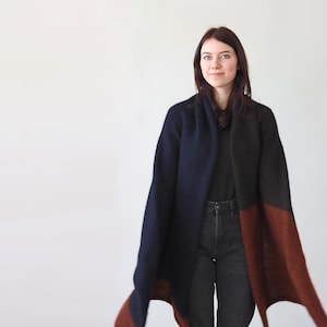 Handmade Wool Mohair Silk Blanket Scarf: Navy, Brown & Rust - Thick and Cozy.