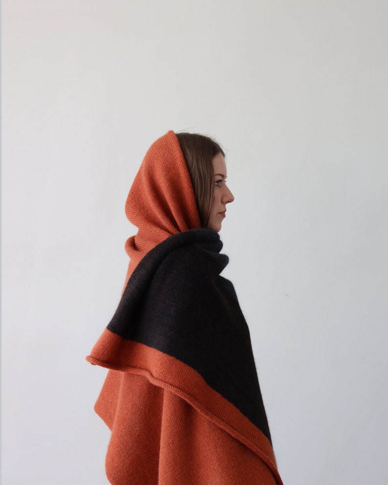 NEW Warm and cozy wool & mohair blanket scarf, Large wrap in burnt orange, dark gray, and brown color, Handmade in Latvia by Agnese Kirmuza. image 5