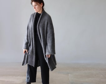 Gray Oversized Cardigan, Handmade Reversible Wool Mohair Sweater.