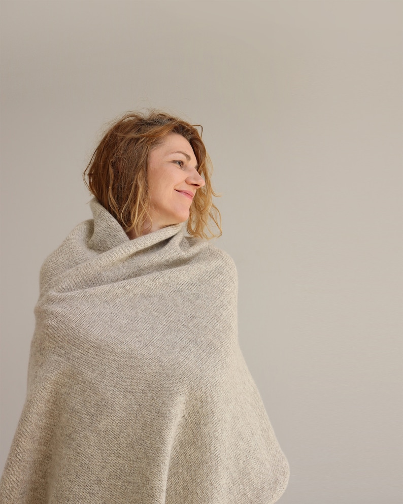 Large oversized blanket scarf, Light beige natural undyed wool, and mohair, Thick & warm gift, made in Latvia by Agnese Kirmuza. image 2