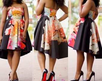 African fabric fit and flare dress/strapless dress/hi-low dress